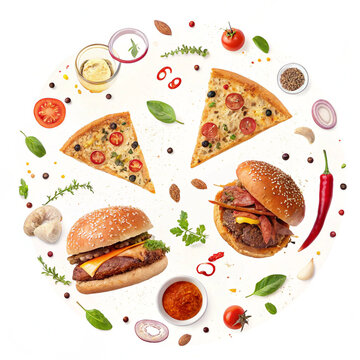 Fast food icons set illustration of burgers pizza fries and soda