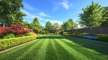 Fototapeta premium Landscaped Backyard Lush Green Lawn Colorful Flowers Wooden Fence 