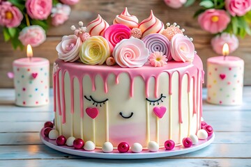 A charming birthday cake adorned with pink frosting, delicate roses, and whimsical decorations, creating a sweet and festive celebration centerpiece