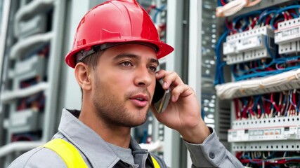 Professional electrician in red safety helmet talking on phone near electrical control panel. Industrial technician with reflective vest coordinating maintenance, power grid installation work.