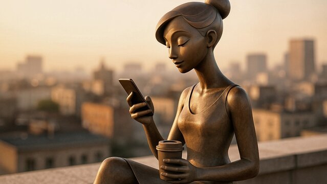Bronze statue of a woman sitting on a rooftop, holding a smartphone and a coffee cup, with a blurred cityscape in the background, capturing modern urban life and technology