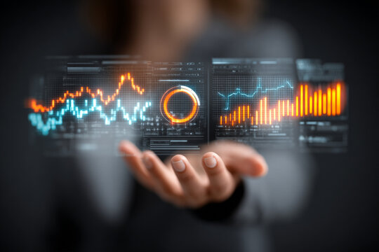 Holographic businesswoman holding virtual graphs - Powered by Adobe