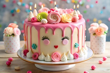 A whimsical birthday cake adorned with pastel roses, melting pink frosting, and lit candles sits on a wooden table, surrounded by colorful confetti, creating a festive and joyful atmosphere