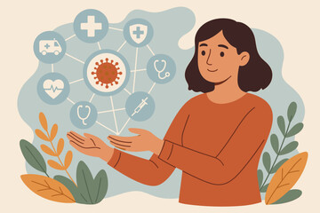 Woman Presenting Virtual Medical Network Icons, Covid-19 Pandemic Awareness, Healthcare Protection, Hospital Growth, Vaccination, Medical Support, Health Monitoring, Emergency Response