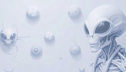 A fantastic illustration of aliens, schematics and drawings of alien equipment on a light background