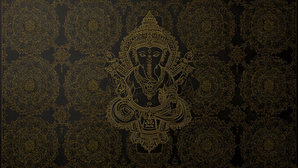 Elegant Thai Line Art of Lord Ganesha on Ornate Patterned Background