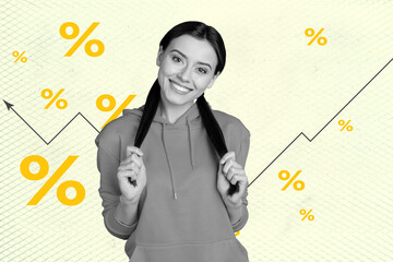 Full 3d poster art collage of happy businesswoman businessman stand arrow progress graph percentage...