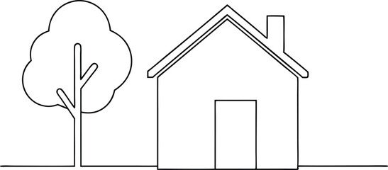 Continuous Line Art Drawing Depicting a Cozy House Next to a Tree, Symbolizing Home, Nature, and Sustainable Living.