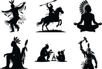 Native American Silhouette Bundle, Native American SVG Vector Art, and White Background. Indian Head vector chief Apache graphic illustration.