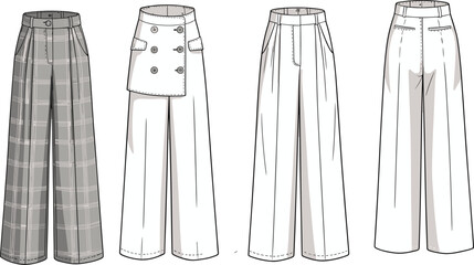 CAD drawing flat vector illustration of women’s wide leg pants fashion design technical sketch with different styles and details © Shafik Creatives