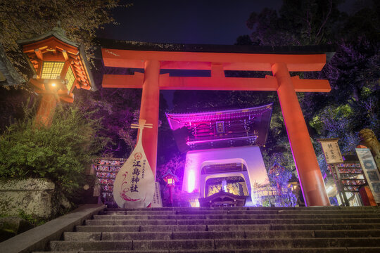 View of the vibrant red torii gate stands majestically against the dark sky, framed by lush greenery and illuminated lanterns, Kamakura, Kanagawa, Japan.