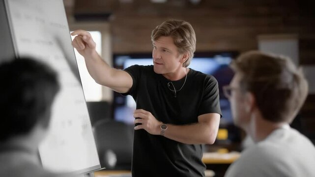 Director guiding crew on storyboard before filming