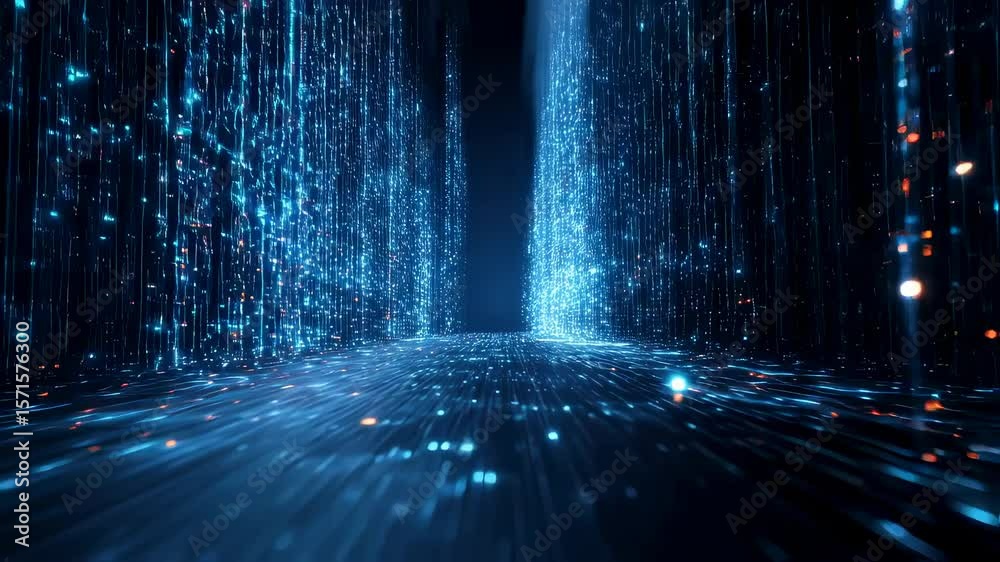 Poster swirling patterns of glowing data bits cascading through an abstract futuristic corridor symbolizing