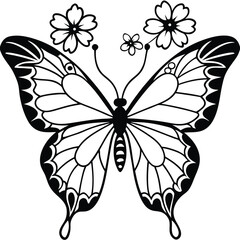 Obraz premium Black and White Butterfly with Flowers Detailed Line Art Graphic Design Illustration