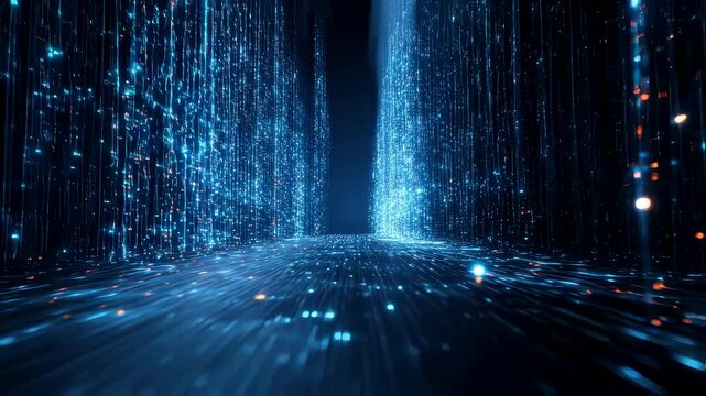 Swirling patterns of glowing data bits cascading through an abstract futuristic corridor symbolizing the seamless integration of technology and information in a modern digital ecosystem.