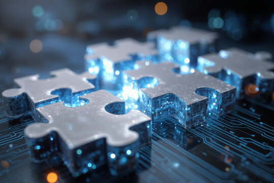 Puzzle pieces transforming into digital data blocks - Powered by Adobe