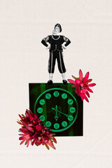 3d pop image vertical art collage of serious old man renaissance era character stand clock deadline...