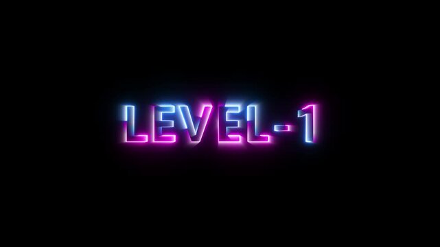 level 1 neon bright text font colorful 4k video animation. Neon level up sign and upper Level . next Level text animation. next level neon title Laser vintage effect Infinite loop able.