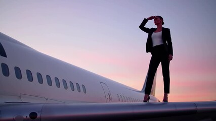 Business woman standing on airplane wing at sunset. Corporate travel, aviation industry, executive jet, luxury lifestyle, international, private flight, professional success, global transportation. - Powered by Adobe