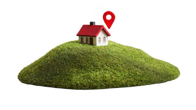 Miniature house with red roof and location pin on grassy hill isolated on transparent background