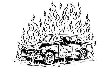 Burned out car wreck with flames in a black and white drawing  
