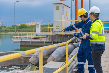 Environmental engineers work at wastewater treatment plants,Water supply engineering working at...