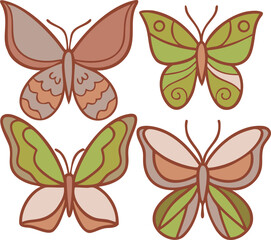 Fototapeta premium Four Colorful Butterflies Brown Green Beige Patterned Wings Insect Illustration butterfly