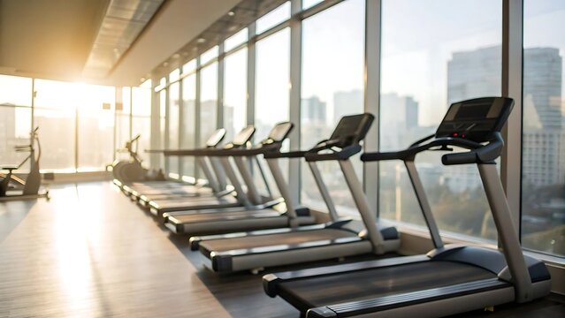 Modern gym with treadmills and large windows overlooking city skyline at sunrise