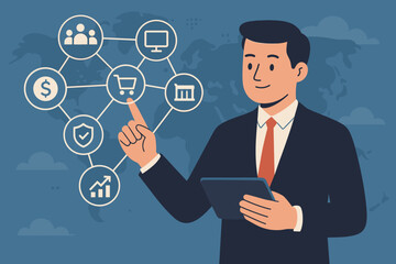 Businessman using interface for financial services, banking, payments, online shopping. Customer network connection on virtual screen. Global business innovation technology concept.