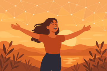 Joyful woman embracing freedom outdoors at sunset, arms wide open, abstract network connections in sky, modern flat vector illustration, nature landscape, empowerment concept