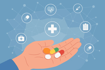 Hand holding assorted pills and capsules with medical network icons, healthcare technology, pharmacy, digital medicine, medication management, pharmaceutical innovation concept