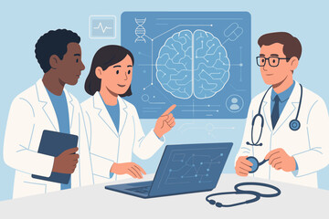 Medical team meeting analyzing brain scan, doctors discussing diagnosis with digital laptop, stethoscope, neuroscience, virtual interface, healthcare technology, hospital teamwork