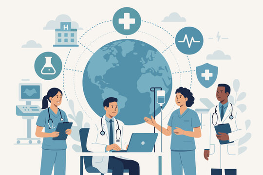 Global healthcare teamwork concept, doctors and nurses collaborating in modern hospital, digital medical hub, health insurance, medical technology, worldwide health services
