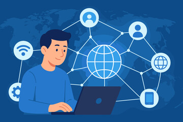 Global digital communication network concept. Man using laptop with internet, social media, wireless technology icons, world map, online connectivity, flat vector illustration