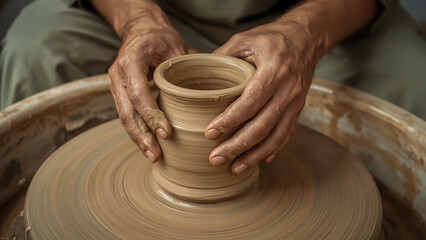 Close-up of clay-stained hands shaping a spinning pot on a wheel, with rich textures, earthy tones, and dynamic motion, evoking rustic craftsmanship and creative energy.