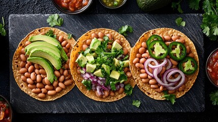 Bean tostadas with avocado slices and pickled red onions on slate serving board - premium Mexican restaurant appetizer, overhead flatlay photography