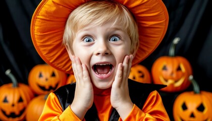 A young Caucasian boy with blond hair wears an orange hat and costume. He is smiling widely with hands on his cheeks. Halloween pumpkins are in the background.