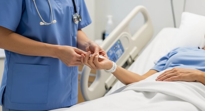 Nurse checking patient wristband before administering medication, focus on verification


