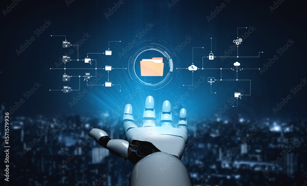 Poster ai artificial intelligence assists digital folder management with smart sorting, cloud structure ana