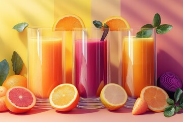 Fototapeta premium A vibrant collage of fresh fruit juices, featuring oranges, carrots, and beets, in clear glasses