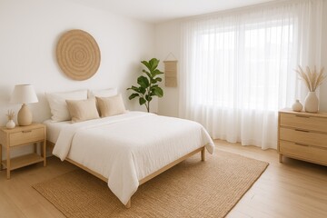Bright neutral bedroom with natural textures and plants interior