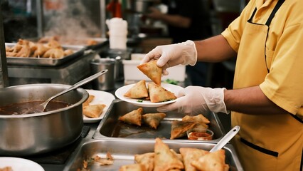 Samosas being prepared, a delicious Indian snack ready to eat with chef serving savory treats