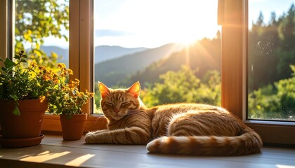 Peaceful cat enjoying sunlight