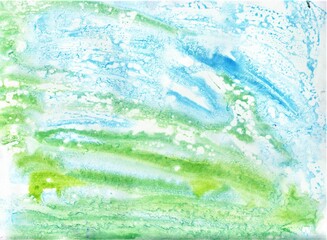 Abstract watercolor background. Hand-drawn illustration. Green and blue colors.