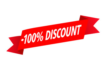 Red Vector corner Ribbon on white background. Discount 100%