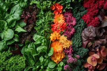 A vibrant collage of leafy greens, featuring kale, spinach, and arugula, with a splash of color from edible flowers