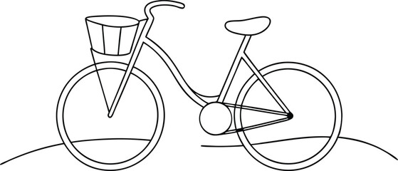 Continuous Line Art Drawing of a Classic Bicycle with a Front Basket, Symbolizing Eco-Friendly Transportation, Leisure, and Urban Mobility.