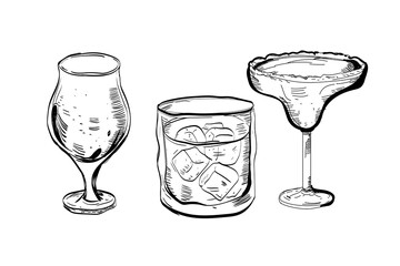 set Glass hand drawn set of cocktails and alcohol drinks. Sketch.
