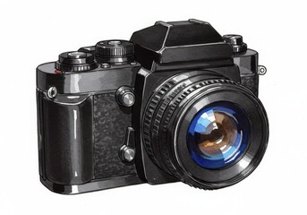 Fototapeta premium Classic Black Camera with Blue Lens - A vintage 35mm camera, symbolizing , memory, artistry, precision, and nostalgia. The evokes a sense of classic and timeless design