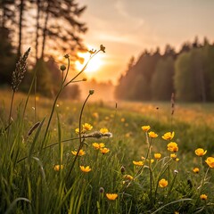 Fototapeta premium sunset field landscape with soft yellow tones
